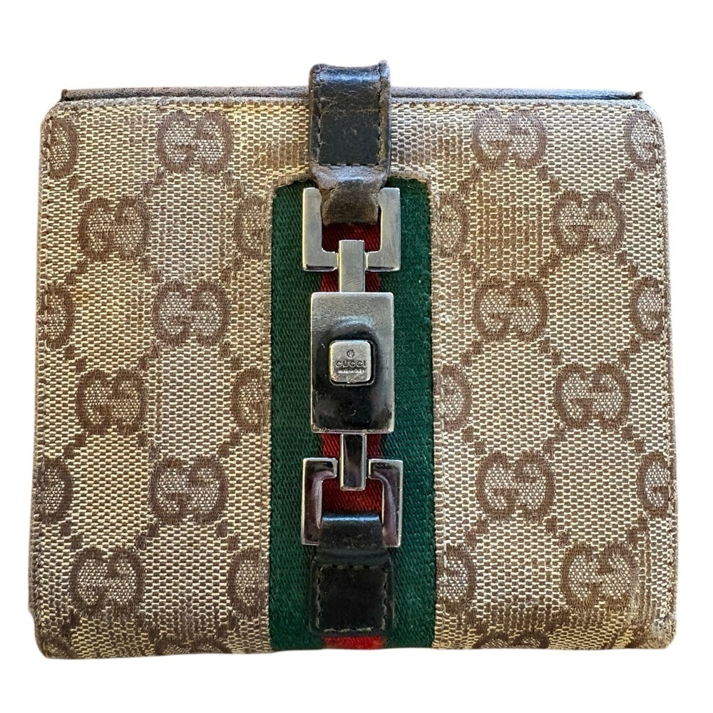 Vintage Gucci Beige Monogram Wallet with Black Leather and Red-Green Stripe - Picture 2 of 13